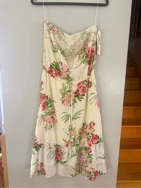 Vintage Y2K Mica Strapless 100% Cotton Floral Midi Dress Cream Pink Sz 10
